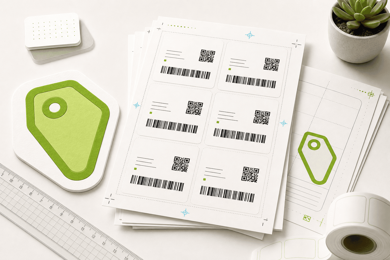 Taglyx brand visual with organized label sheets and calibration marks